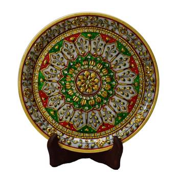 Green and Red Floral Decorative Marble Plate with Wooden Stand 1