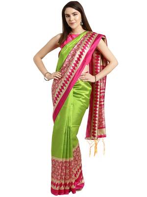 Green printed art silk saree with blouse 1