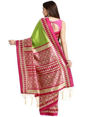 Green printed art silk saree with blouse 2