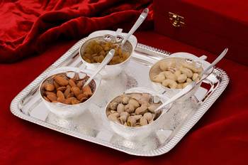 German Silver Multiutility Decorative Platter 4 Bowl Set with Velvet Box 1