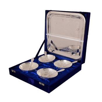 German Silver Multiutility Decorative Platter 4 Bowl Set with Velvet Box 4
