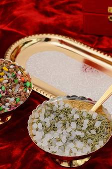 German Silver Multiutility Decorative Platter 2 Golden Bowl Set with Velvet Box