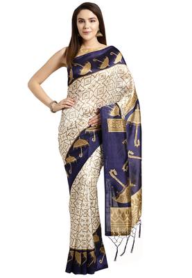 White printed art silk saree with blouse 1