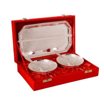 German Silver Multiutility Decorative Platter 2 Silver Bowl Set with Velvet Box 4