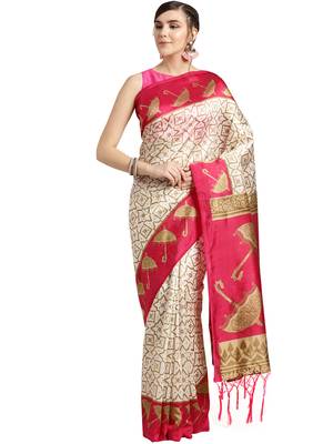White printed art silk saree with blouse 1