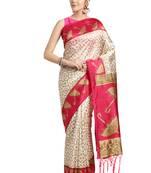 White printed art silk saree with blouse