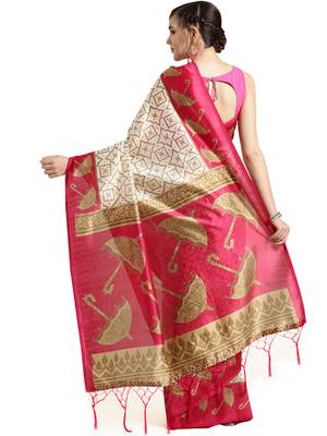 White printed art silk saree with blouse 2