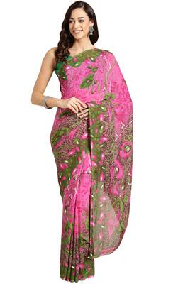 Pink printed faux georgette saree with blouse 1