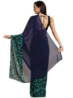 Blue printed faux georgette saree with blouse 2