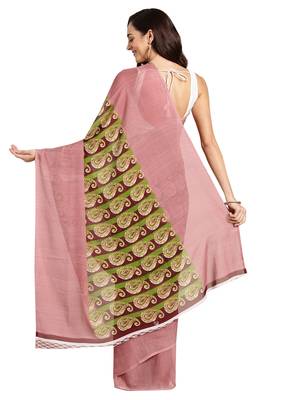 Brown printed faux georgette saree with blouse 2