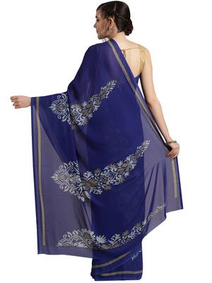 Blue printed faux georgette saree with blouse 2