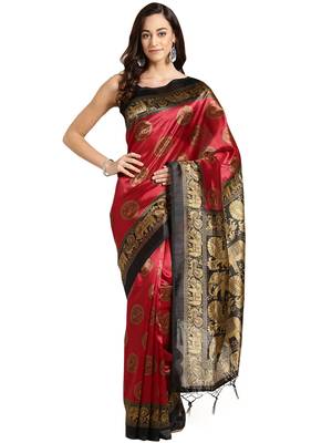 Red printed art silk saree with blouse 1