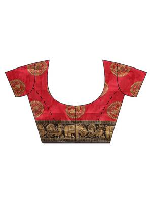 Red printed art silk saree with blouse 4