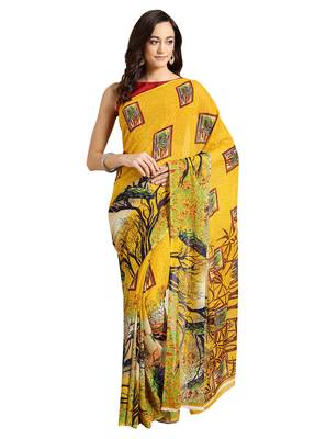 Yellow printed faux georgette saree with blouse 1