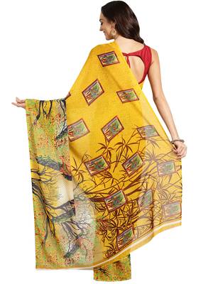 Yellow printed faux georgette saree with blouse 3