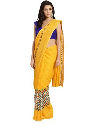 Mustard printed faux georgette saree with blouse 1