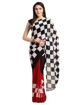 Red printed faux georgette saree with blouse 1