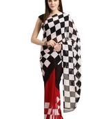 Red printed faux georgette saree with blouse