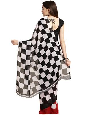 Red printed faux georgette saree with blouse 3