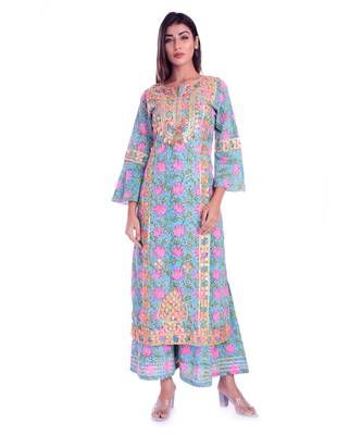 turquoise printed cotton kurta sets 1
