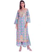 turquoise printed cotton kurta sets
