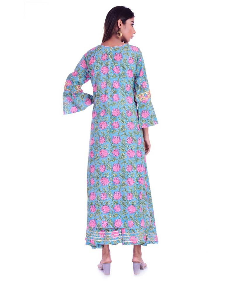 turquoise printed cotton kurta sets