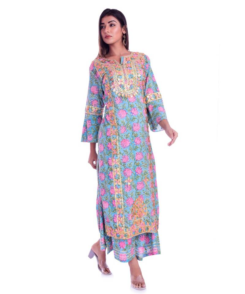 turquoise printed cotton kurta sets