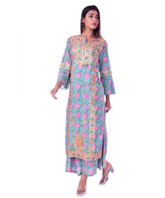 turquoise printed cotton kurta sets 4