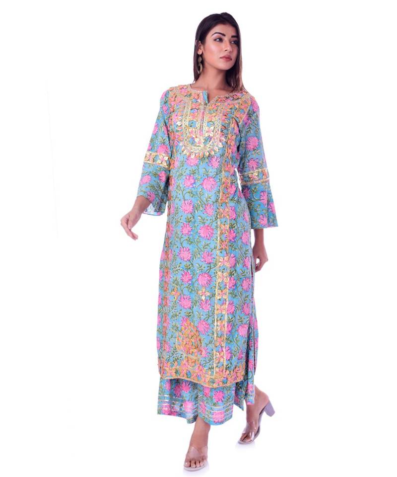 turquoise printed cotton kurta sets
