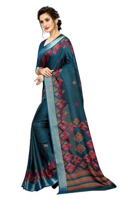 Blue printed linen saree with blouse 1