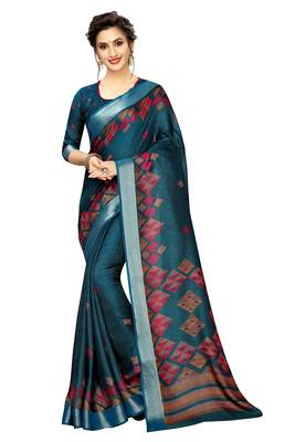 Blue printed linen saree with blouse 3