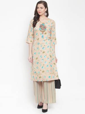 Beige embroidered rayon ethnic-kurtis 4