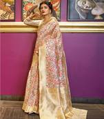 Cream woven silk blend saree with blouse