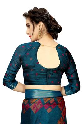 Blue printed linen saree with blouse 4