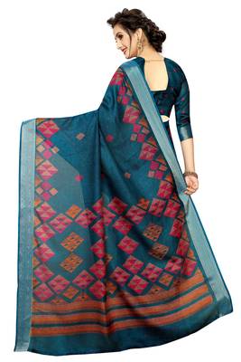 Blue printed linen saree with blouse 5