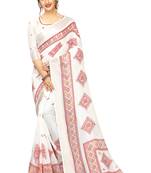 Red printed linen saree with blouse