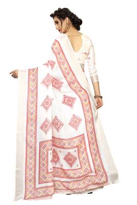Red printed linen saree with blouse 4