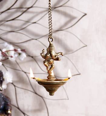 Brass Dancing Ganesha Hanging 3 Oil Wick Diya 1