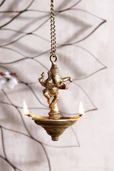 Brass Dancing Ganesha Hanging 3 Oil Wick Diya