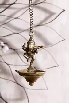 Brass Dancing Ganesha Hanging 3 Oil Wick Diya