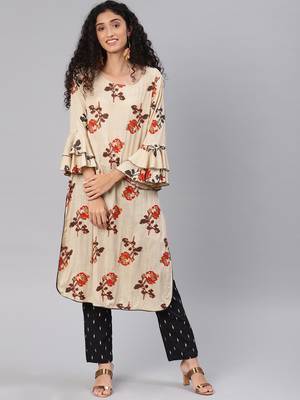 Blissta Women's Beige Rayon Slub Straight Kurta 1