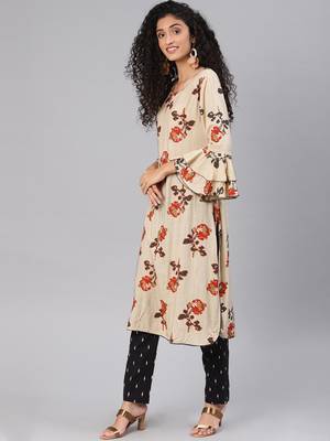 Blissta Women's Beige Rayon Slub Straight Kurta 4