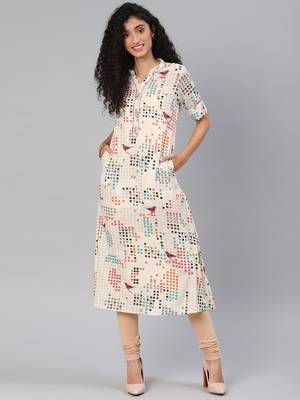 Off-white printed rayon party-wear-kurtis 1