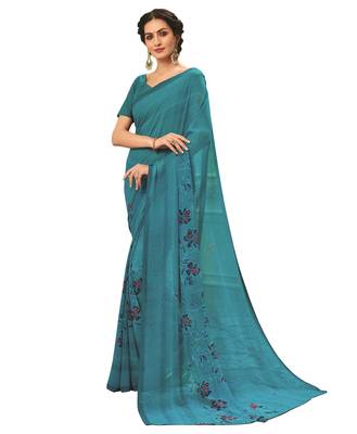  turquoise printed georgette saree with blouse 1