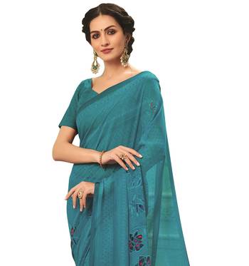  turquoise printed georgette saree with blouse 2