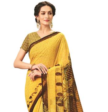  orange printed georgette saree with blouse 2