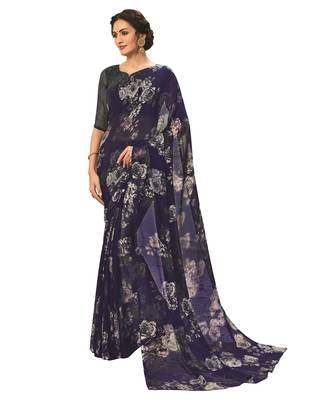  navy blue printed georgette saree with blouse 1
