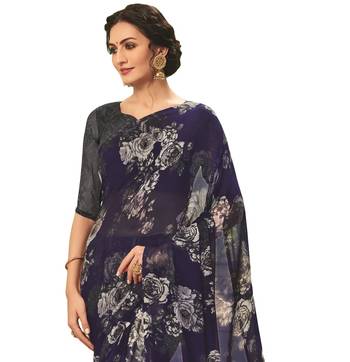  navy blue printed georgette saree with blouse 2