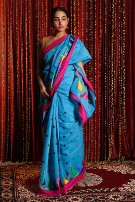 Sky Blue Blended Silk Saree With Multicolor Embrroidery Work 1
