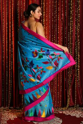 Sky Blue Blended Silk Saree With Multicolor Embrroidery Work 2